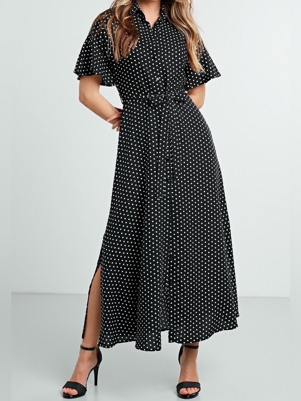 Lela Black Polka Dot Maxi Shirt Dress with Tie Waist